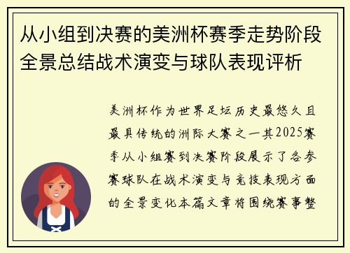 从小组到决赛的美洲杯赛季走势阶段全景总结战术演变与球队表现评析